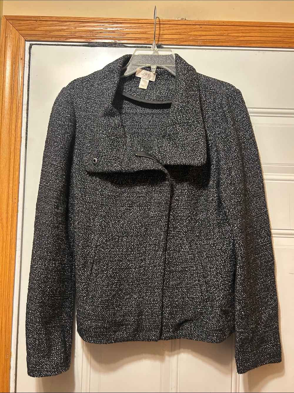 LOFT Black & White Tweed Zip-Front Blazer Jacket M
